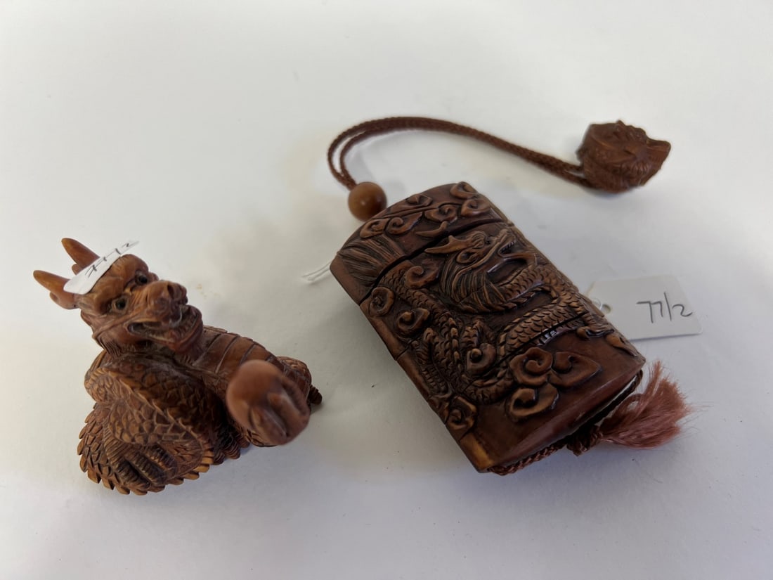 African Carved Snuff Box and Dragon Snuff Bottle (1 of 4)