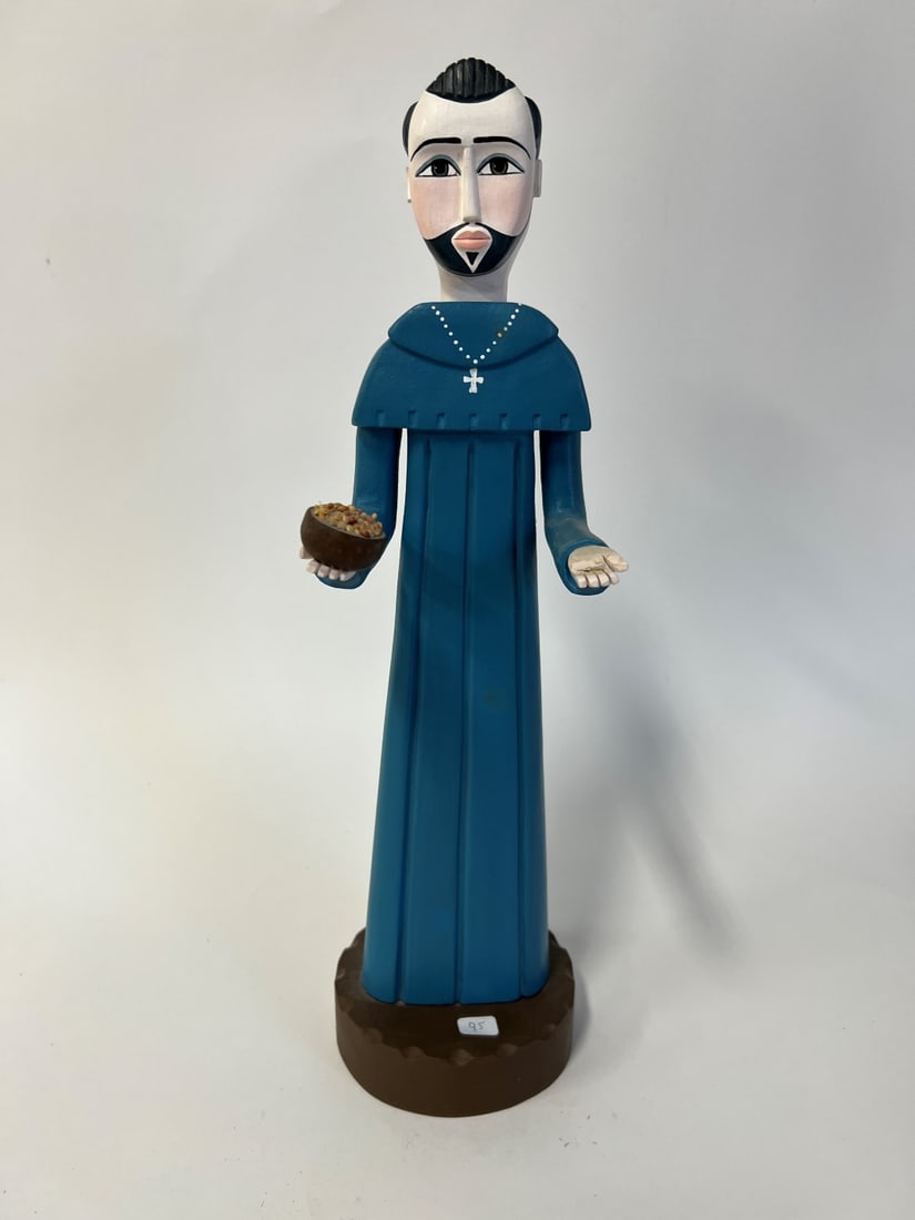 Anita Romero Jones Sgd. St. Francis Wood Carved Figure: Artist signed at the underside and identified at the underside and marked Santa Fe. 18 1/4"H