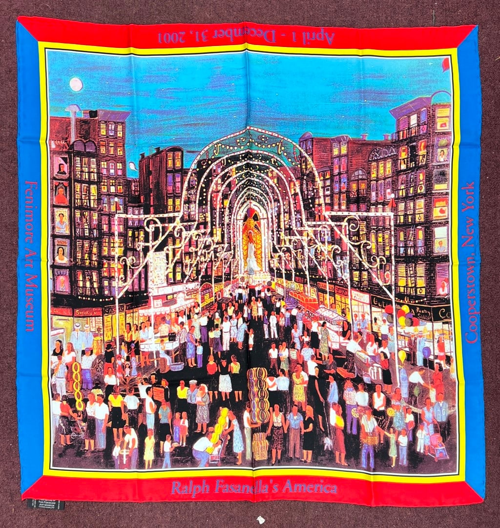 Ralph Fasanella's America NY Scarf 100 %: For the Fenimore Art Museum Cooperstown, NY. 100 % Silk . Hand Stitched 35" Square April 1-December 31 2001 on one side of scarf. Ralph Fasanella America NY on the other.
