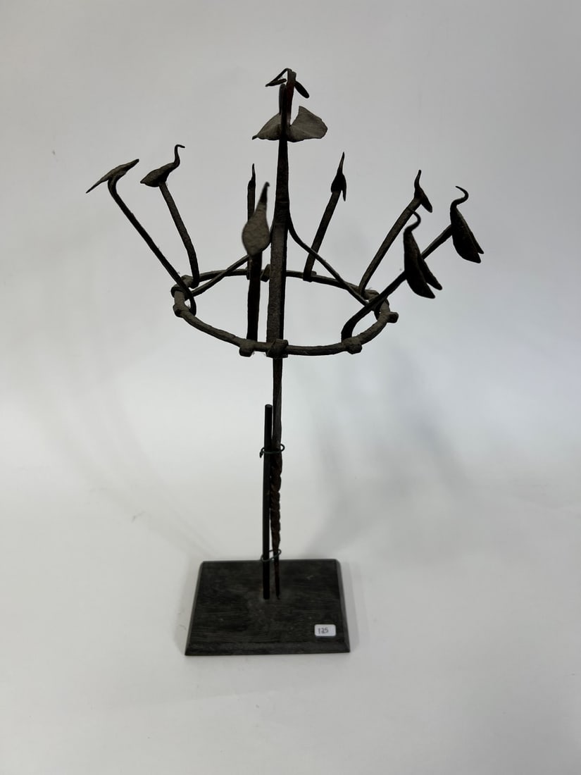 African Metal Sculpture on Stand: 18"H.
