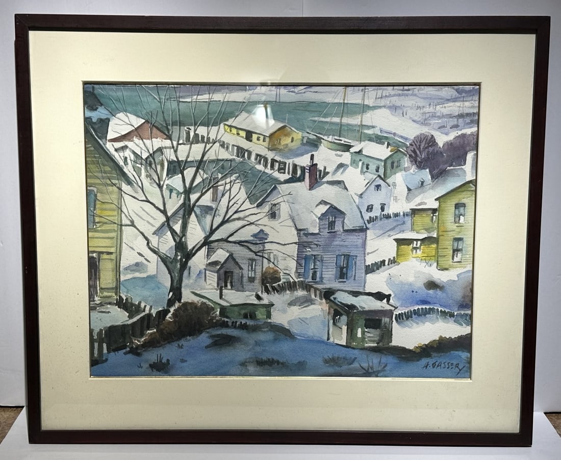 Henry Gasser; American Watercolor Winter Harbor Signed (1 of 5)