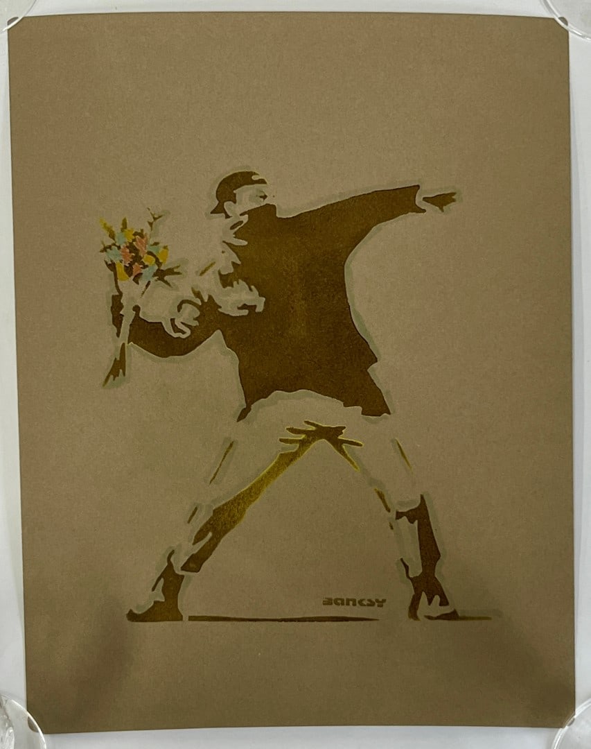 Banksy Lithograph Marked at Bottom: Throwing Flowers 12 1/2"H x 9 1/2"W As pictured