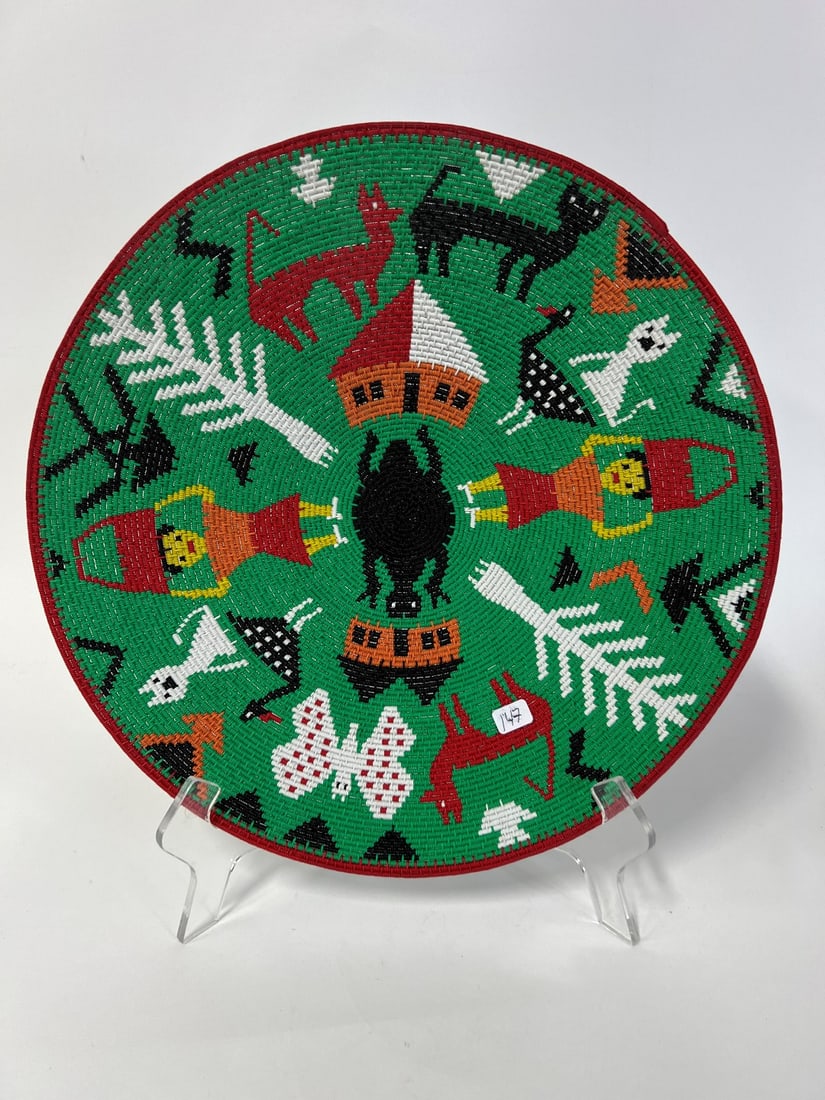 Southwestern Beaded Tray: With stand. 14 1/4"