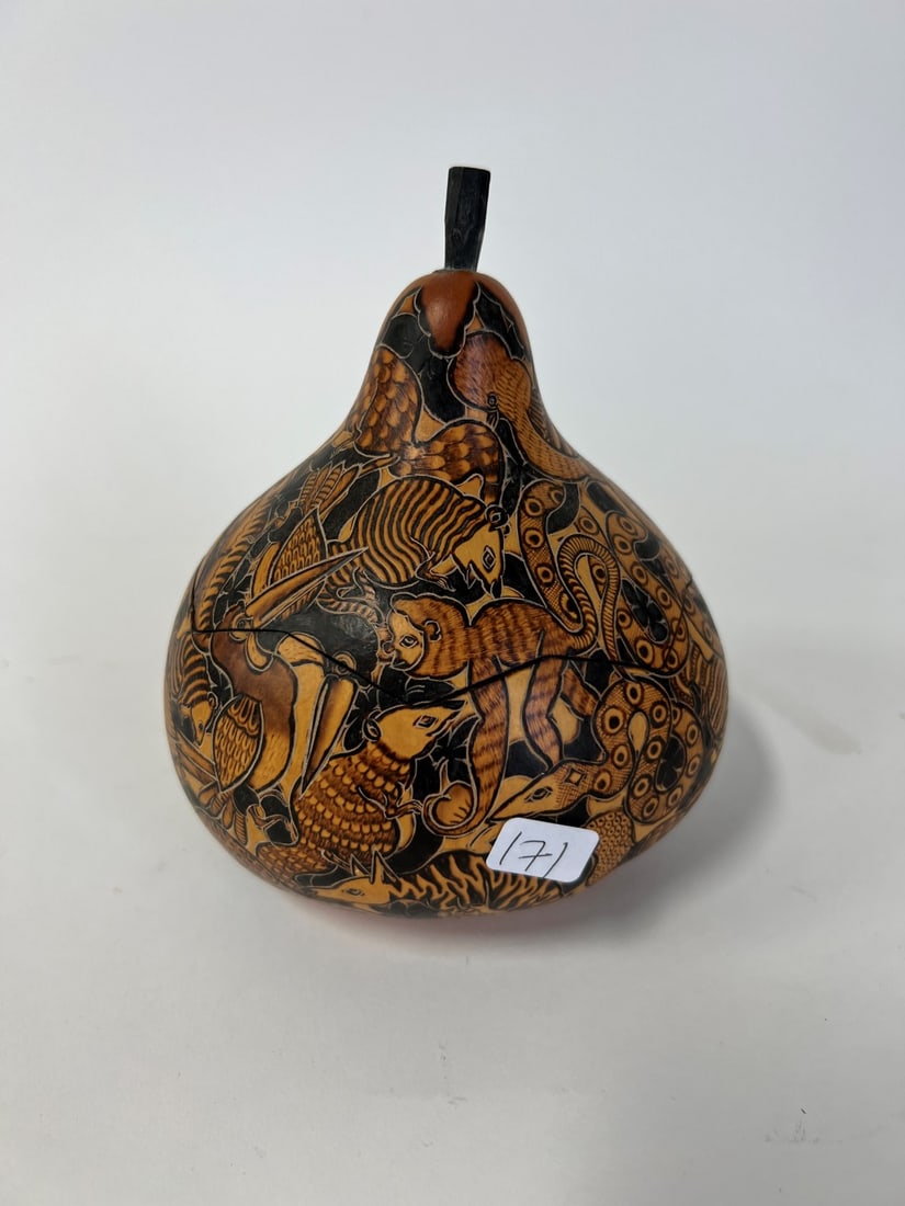 Peruvian Wood Carved Covered Bowl: Decorated with monkies, racoons and birds. 6 1/4"H