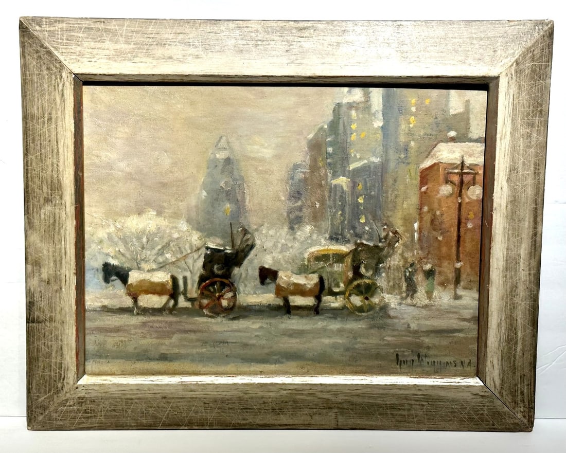 Guy Wiggins; 20thC. American Oil Winter at the Plaza Signed (1 of 7)