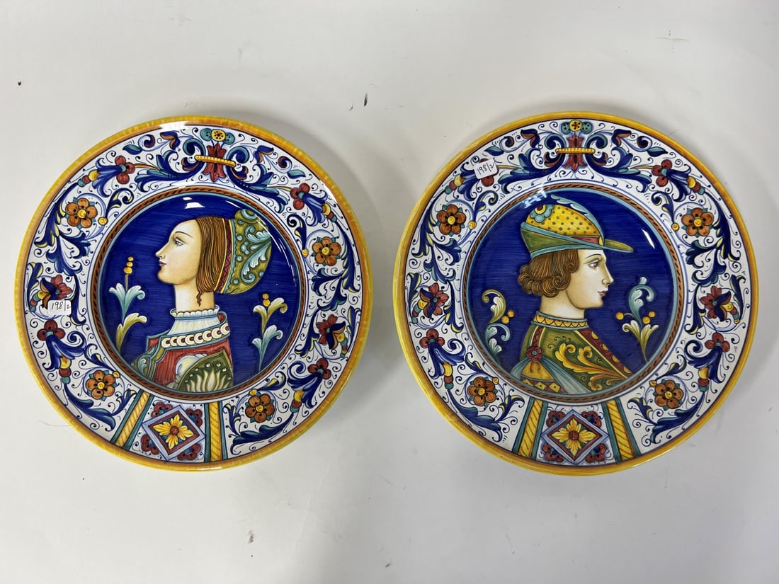 Italian Majolica Chargers Hand Painted (2): Best quality Italian Majolica Chargers. Hand Painted. Marked at the underside G. P. Gialletti Pimpinelli Dervta Dec. A Mano Italy 12 3/4" W For wall hanging . Two in the lot