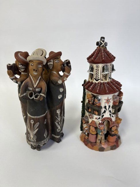 Clay Polychromed Musicians Tower & a Second: 12"H. The second is also a pottery grouping of musicians and villagers.10 1/2"H
