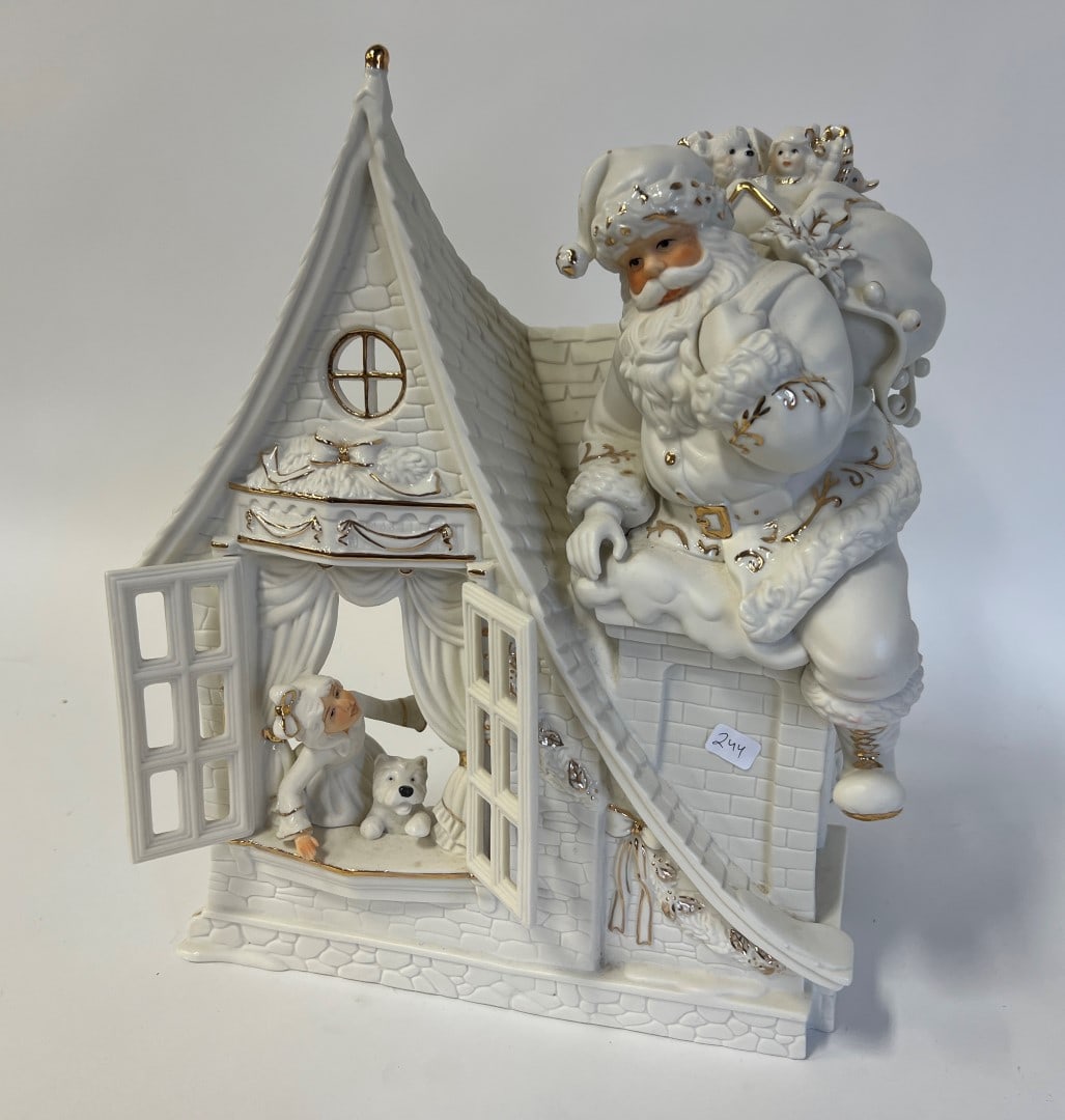 Porcelain Statuary Christmas Night: 14 12"H x 12"W Detailed and gilt decorated elaborate arrangement of Santa at the chimney with young girl looking on. Will take lights.