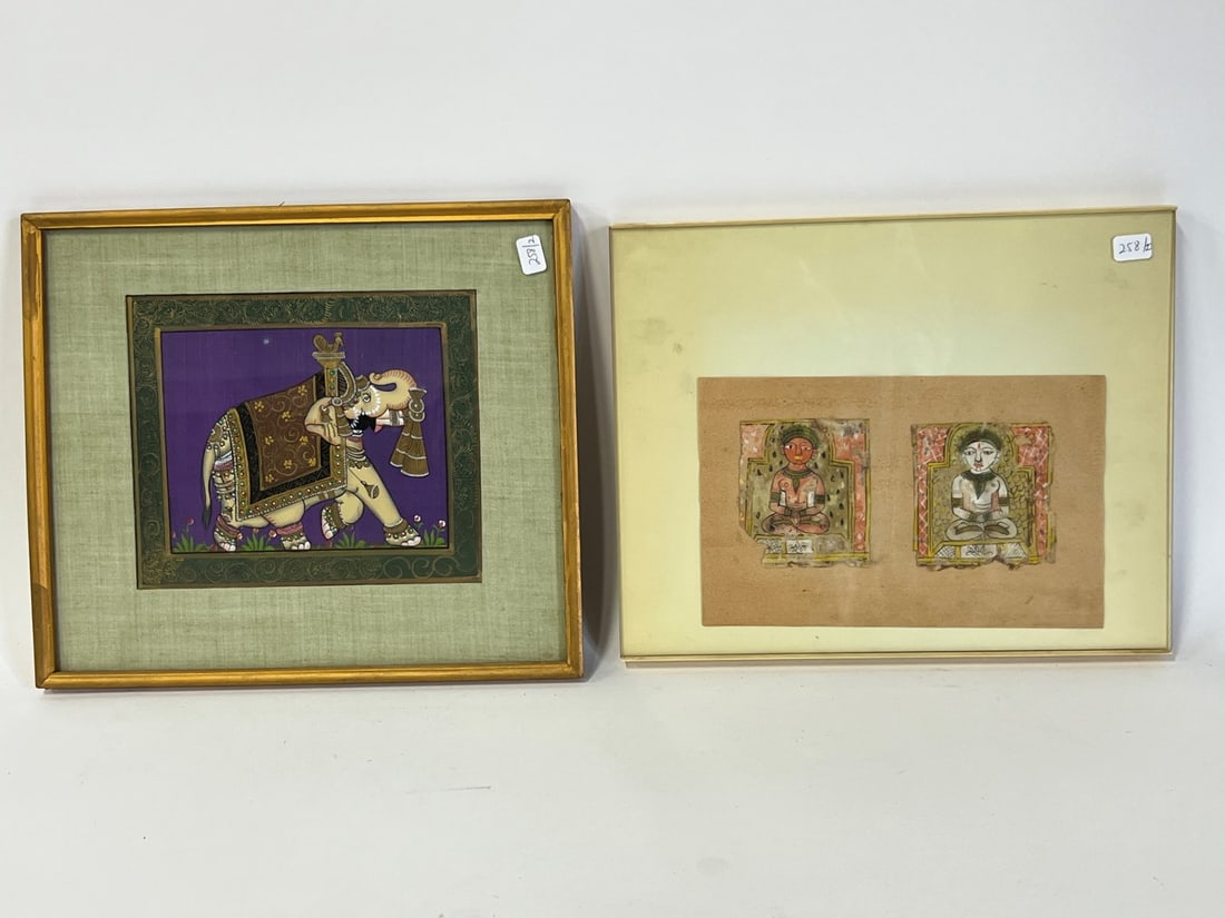 Tibetan & Persian Manuscript Artwork Framed (2): Double pages hand painted, one frame. 9 1/4"H x 10 1/2"W and an elephant illuminated page framed, 10"H x 11 1/2"W
