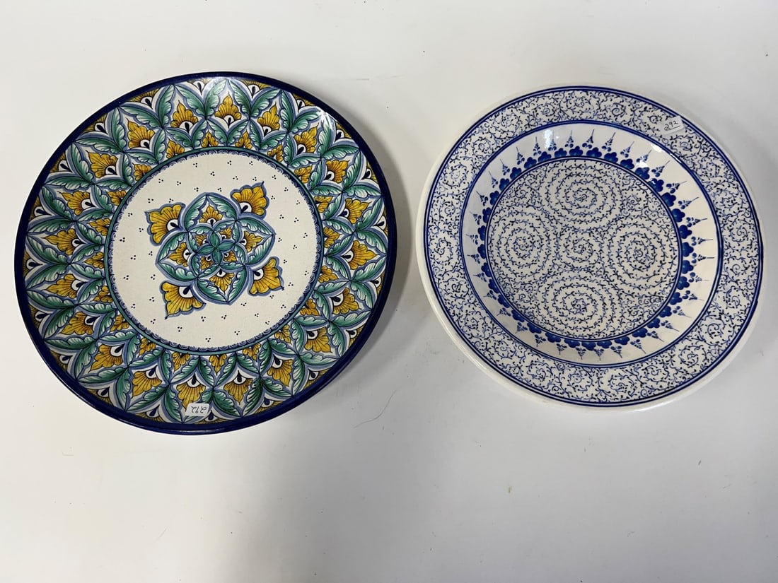 Morolenti. Artist Sgd. Italian Charger & a Second: Marked at the undersdie A. T. Morolenti. Painted by Hand (In Italian) "Decuta Placers" Original $225 price tag in place. 13 3/4"D Included in the ot is a second charger, Turkish pottery signed Halime 