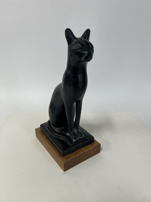 Austin Prod Pottery figure of a Cat: 12" tall. Marked at the back "Austin Prod Inc. 1965" Attached to a wooden base.
