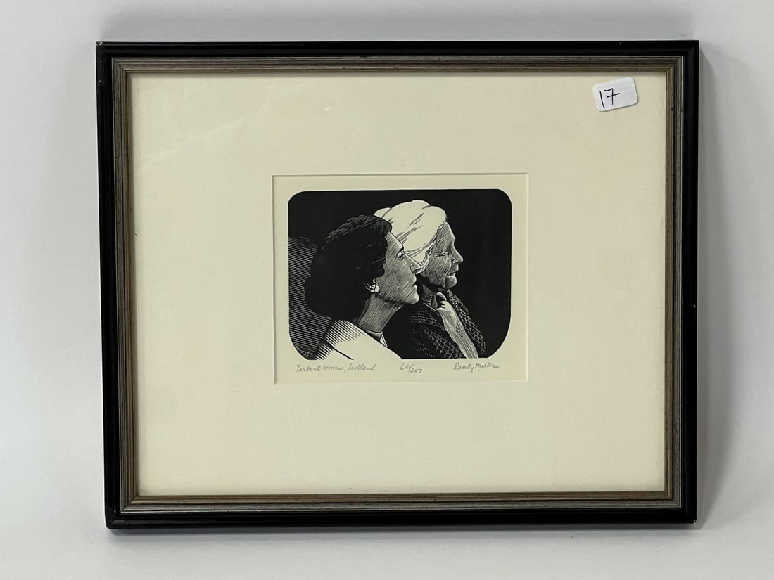Randy Miller. Woodblock Print. Signed: Signed in pencil lower right. Ed. 200 marked in pencil att he front and entitled Tarbert Women, Scotland. Label at ther reverse with extensive information about the artist and the technique. 9"H x 10 