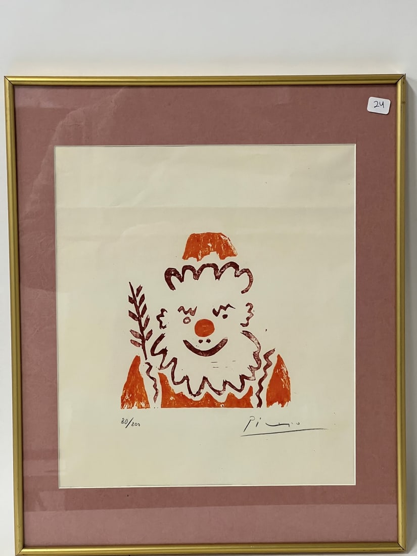 Pablo Picasso Ltd Ed. Litho Signed & With Stamp: Pablo Picasso (Spanish 1881-1973) Signed lithograph of a clown in orange, numbered 30/200. "Le Chat Noir" with gallery stamp verso, nicely matted and framed. 12"H x 10 1/2"W (Artwork itself) 16 3/4"H 