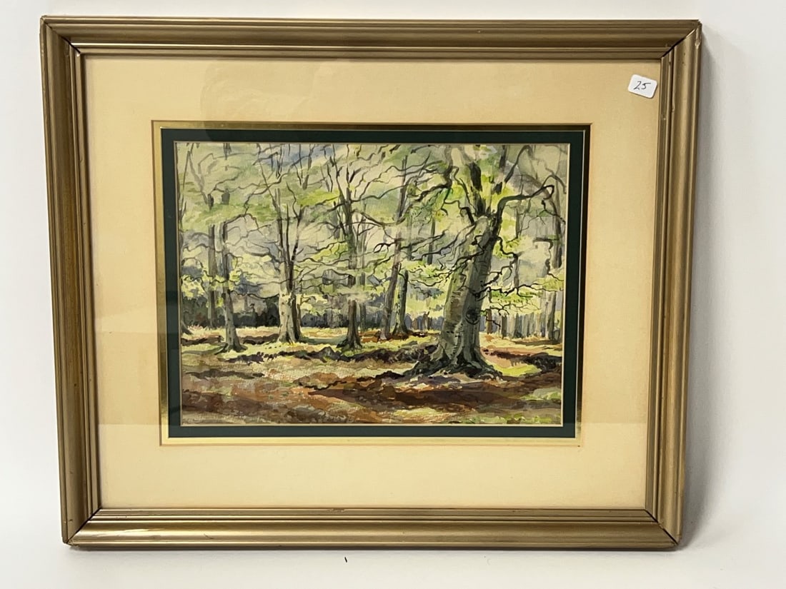 David Muirhead Bone. Watercolor. Sgd.: David Muirhead Bone. (British 1876-1953) Signed with initials and dated verso with title. "Beech Trees Windsor Park......1939.. Watercolor, nicely matted and framed. Pencil inscription on the back of