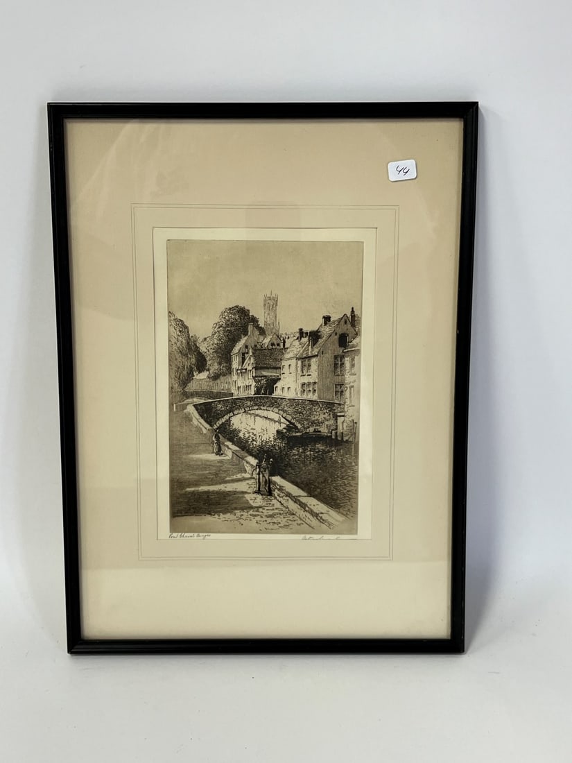 Peter Grahame Original Etching Pont Cheval: Signed lower right Peter Grahame and entitled lower left Pont Cheval Bruges. Label at the backside. Framed. 15 1/2" x 11 1/2"