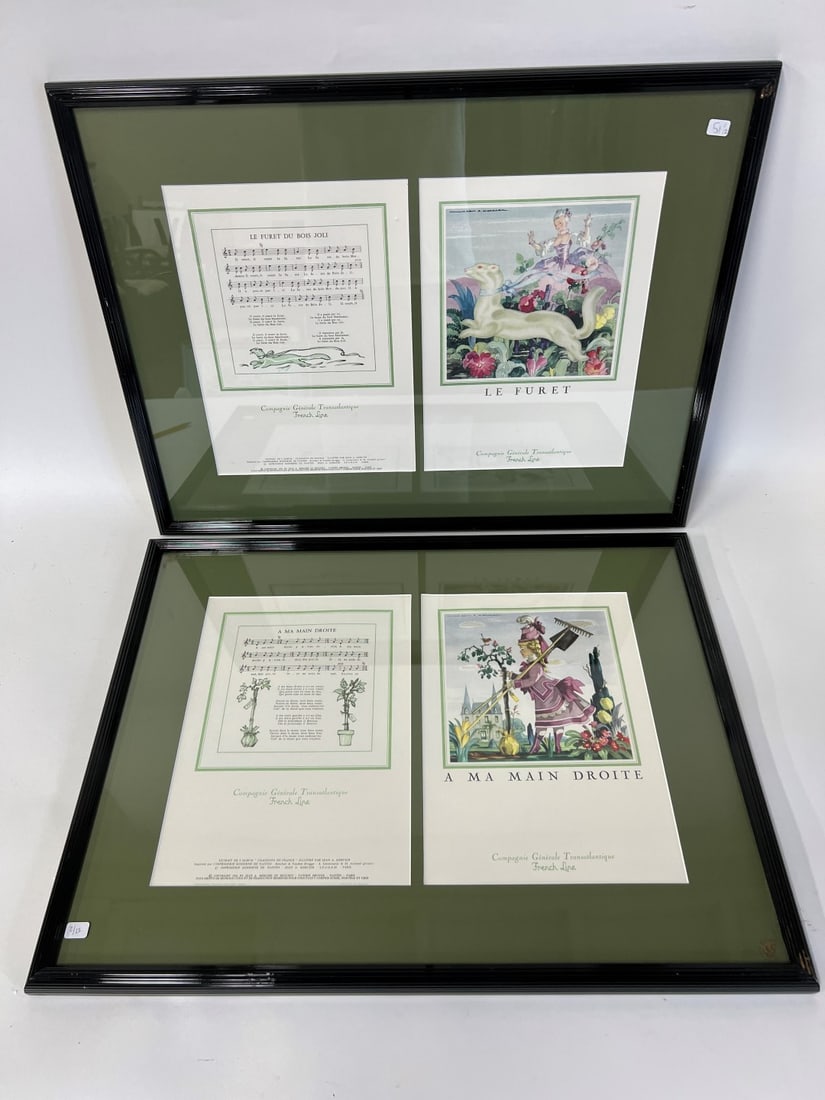French Line Music Sheets Framed (2): A Ma Main Droite and Le Furet. Framed so that artistic covers are seen and music sheet. Gallery matted and framed. Two in the lot. 19"H x 25"W