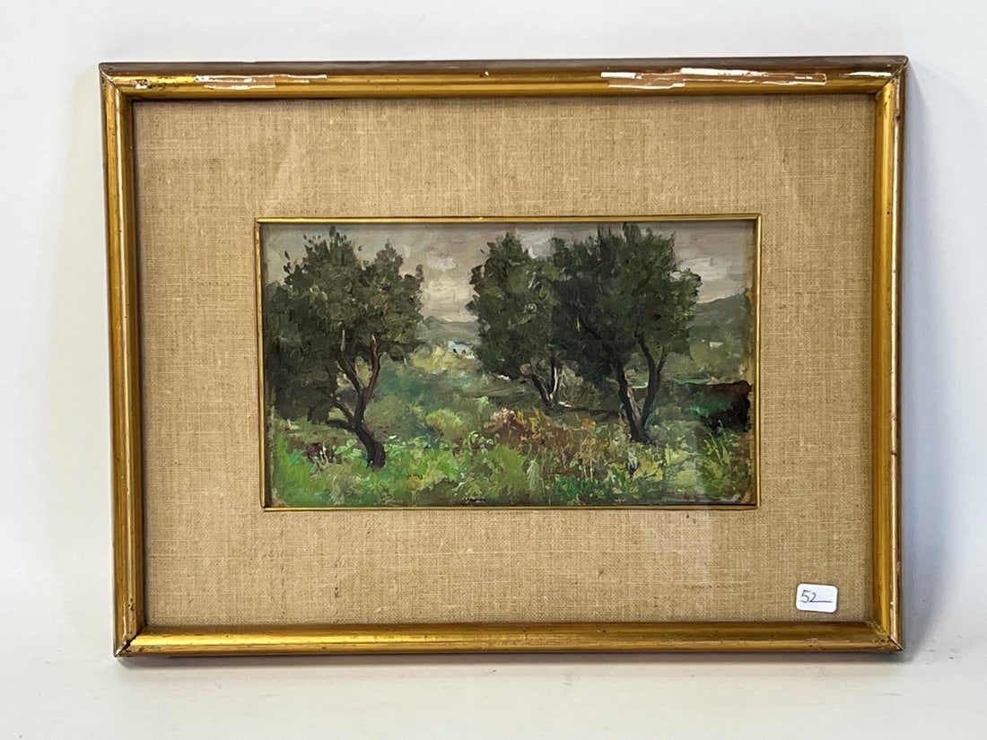 Good Quality Oil Forest Landscape: In a deep linen mat and gilt frame. Top of frame with flakes as pictured. 5 1/2"H x 9 1/2"W (work ) and 11"H x 15"W (overall)