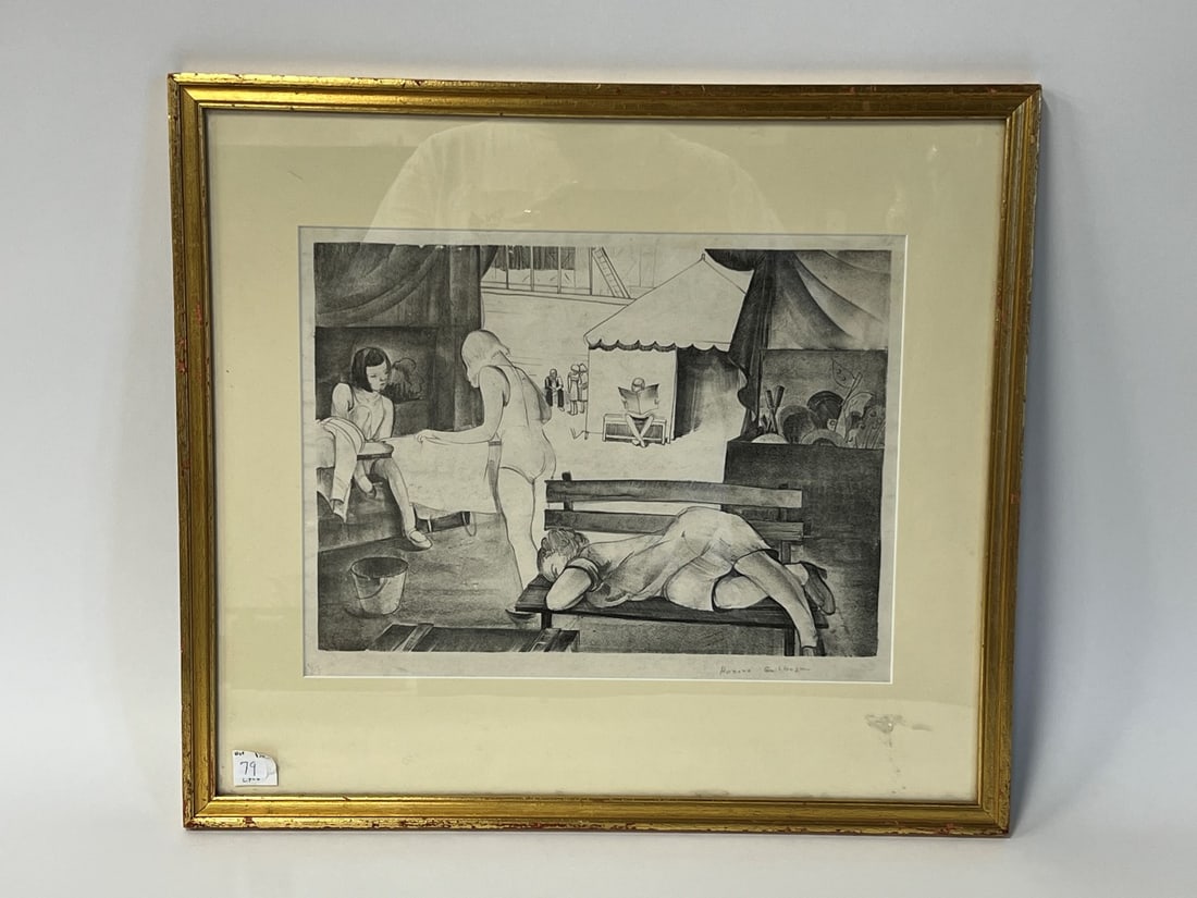 Honore Guilbeau Lithograph Signed.: Signed lower right Honore Guilbeau in pencil in the margin. Interesting subject matter which seems to be circus performers at rest. Gallery matted and framed. 18"H x 19"W