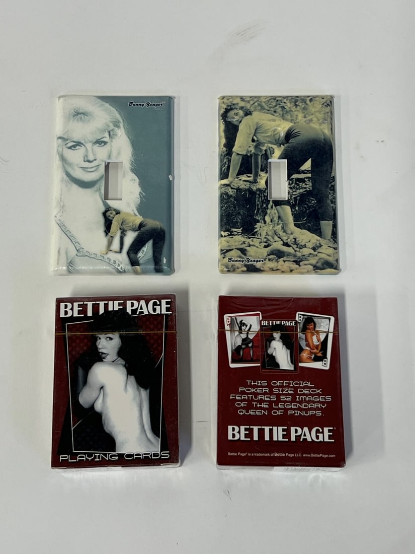 Bunny Yeager Light Switches & Bettie Page Cards (4): Bunny Yeager light switches hand made by John r. Ricker together with Bettie Page playing cards, two unopened decks. 4 items in the lot.