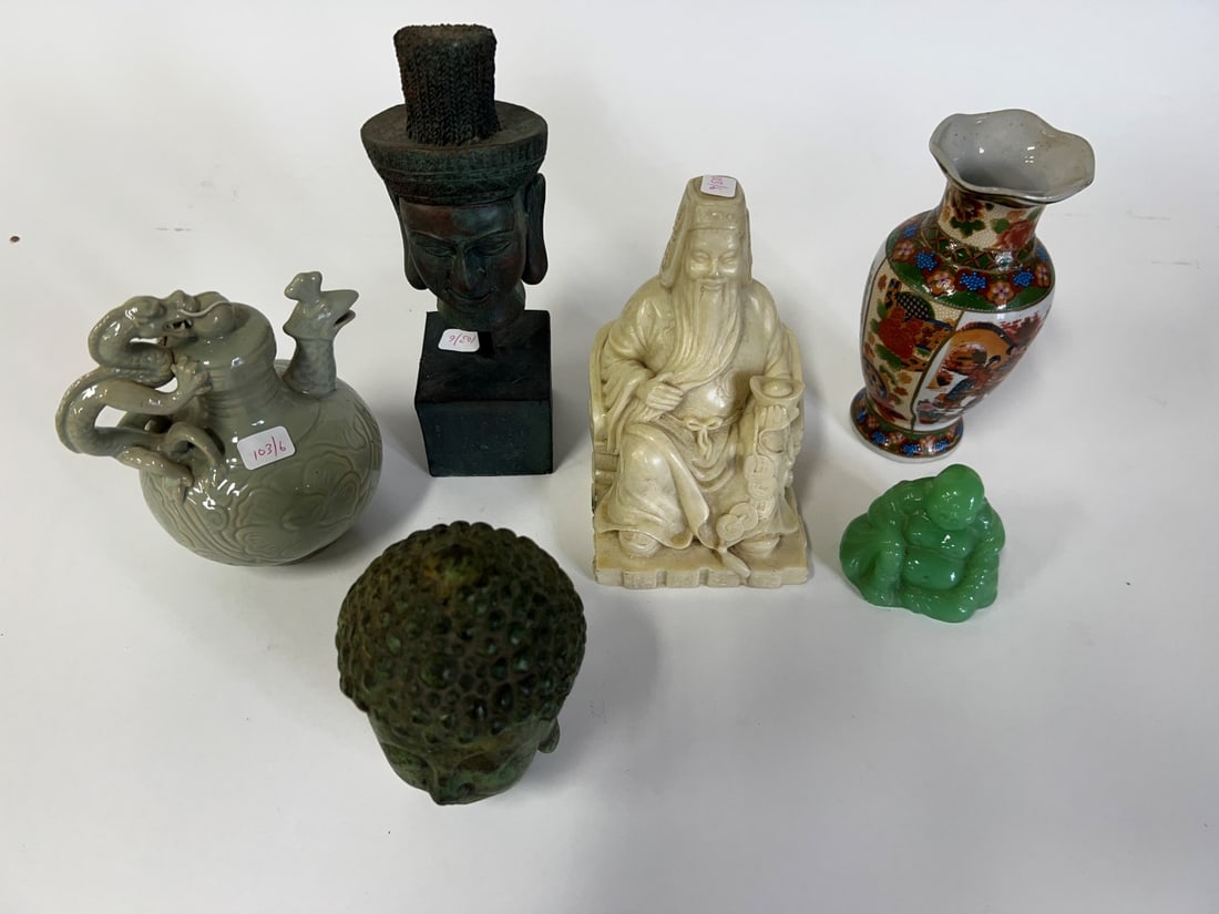 Collector or Dealer’s Lot of Antique Oriental (6): Jade seated Buddha; Buddha head; ; Green pottery dragon teapot; Oriental vase; Buddha head on stand; marble seated elder Varying sizes. Six in the lot. 2 1/4"H to 8"H
