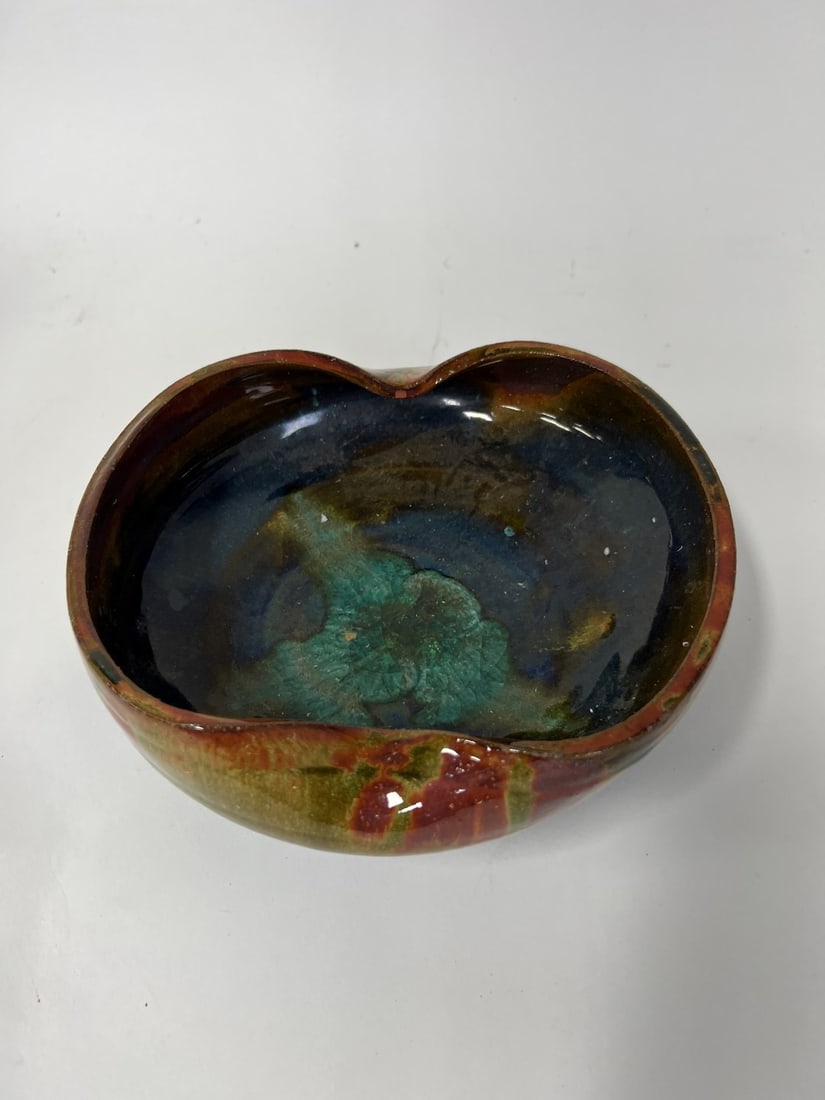 Studio Pottery MId-Century Modern Bowl.: High glaze.Multi colored. On Red clay base, visible at the underside. 8"W x 3" H