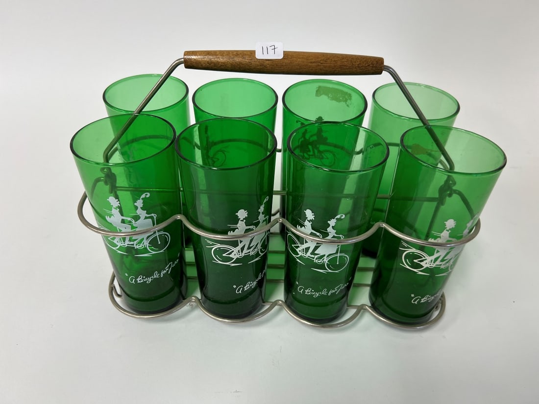 Hard to Find 1950's Bicycle Glasses: Bicycle themed glasses in holder