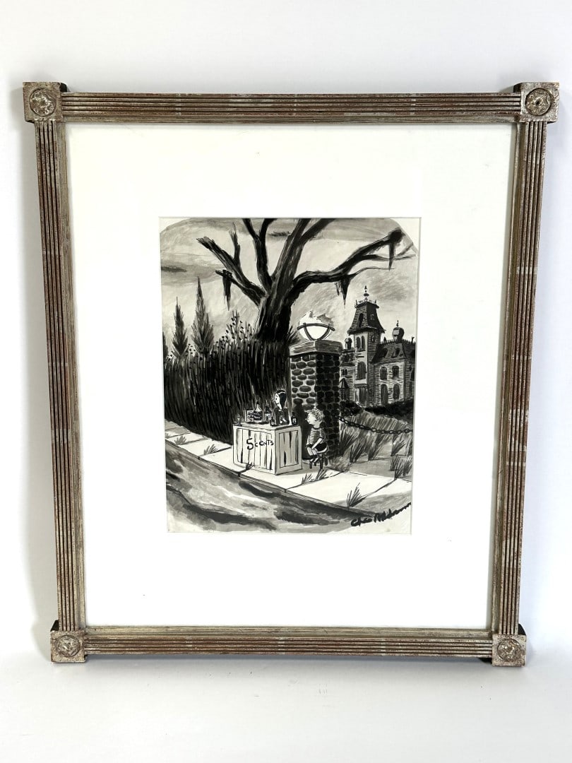 Charles Addams; 20thC. Watercolor Illustration: Watercolor and ink on paper. Illustration - Addams Family, Scents. After Charles Addams. Bears signature lower right; 9.75in. X 7.5in.(image), 17.5in. X 14.75in.(framed)