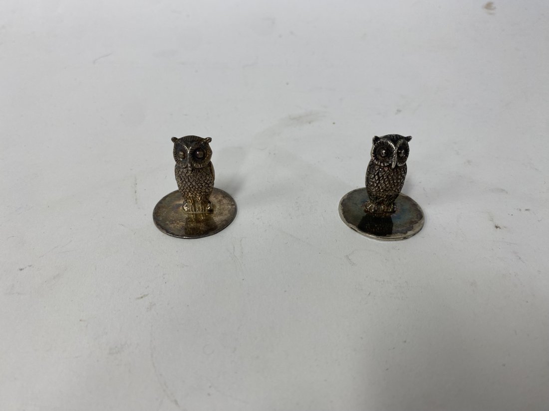 Pr. Italian Silver Owl Place Card Holders: Detailed figured. Marked Italy 1 1/2"H