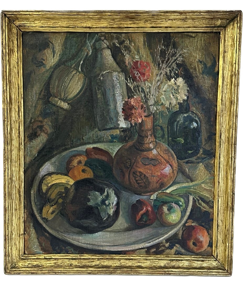20thC. American Modernist Oil Southwest Still Life: 20thC. American Modernist School; oil on canvas board. A Southwestern Still Life - Flowers in an Indian Clay Vase with Various Objects, Fruit and Vegetables. In the manner of Victor Higgins. Faint ins