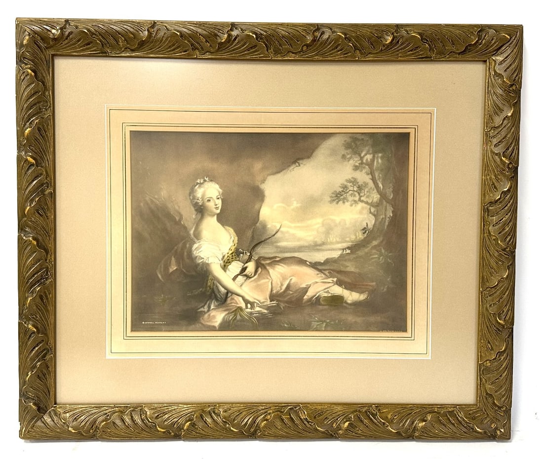 Very Fine Carved and Gessoed Gilt Frame: Hand carved and gilt gessoed frame. Color print; 20in. X 24.5in. (rabbet-inner)24in. X 28in.(outside)