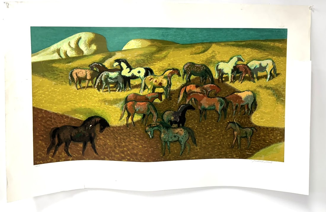 Millard Owen Sheets; Original Lithograph Brood Mare Pasture Signed: Color lithograph. Brood Mare Pasture. Pencil signed and numbered 113/250; 25 in. X 40in.(overall)