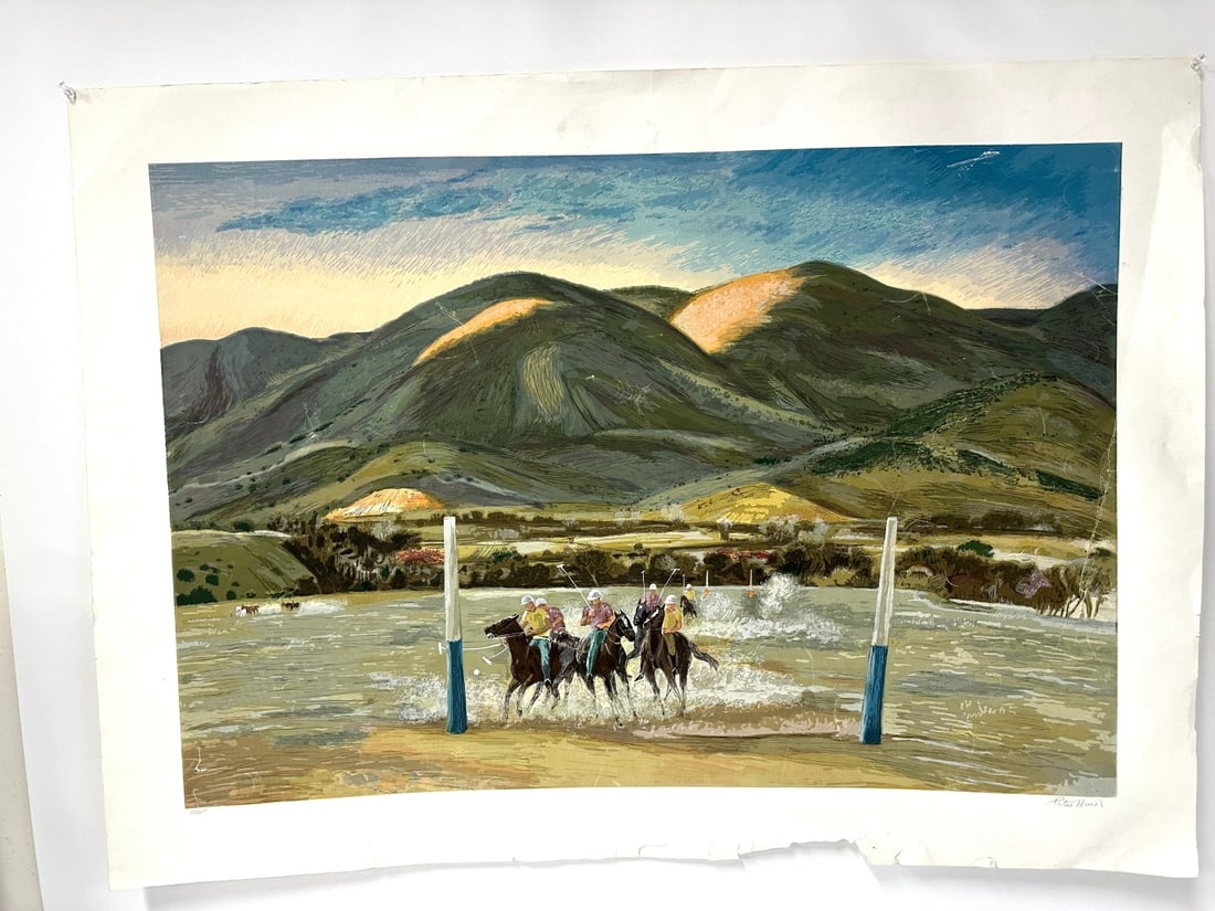 Peter Hurd; Original Lithograph A Practice Game Signed: Color silkscreen. A Practice Game. Pencil signed and numbered 50/250; 31.5in. X 43.5in.(overall) AS IS with paper loss and scratches