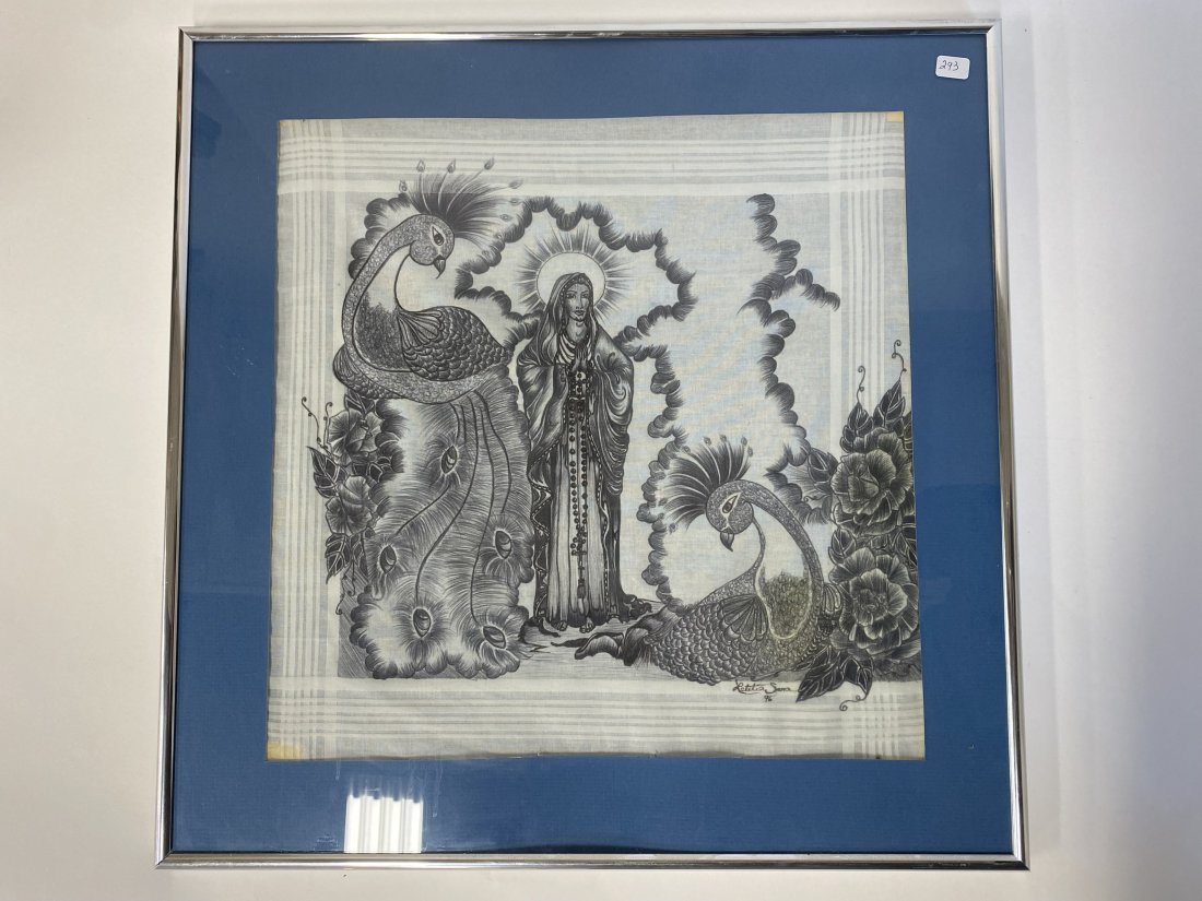 Letitia Sena. Drawing on a Handkerchief. Sgd.: Framed. Signed lower right and dated. 21"x 21"