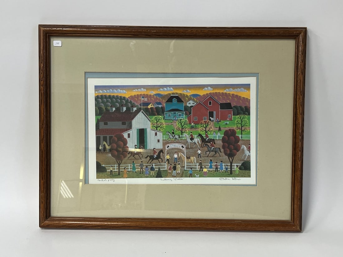 Klein, Steven. Artist Proof. Riding Stables: Signed in pencil L. R. Steven Klein. Entitled at the center. Marked Lower left. Artist Proof. 20" x 26"