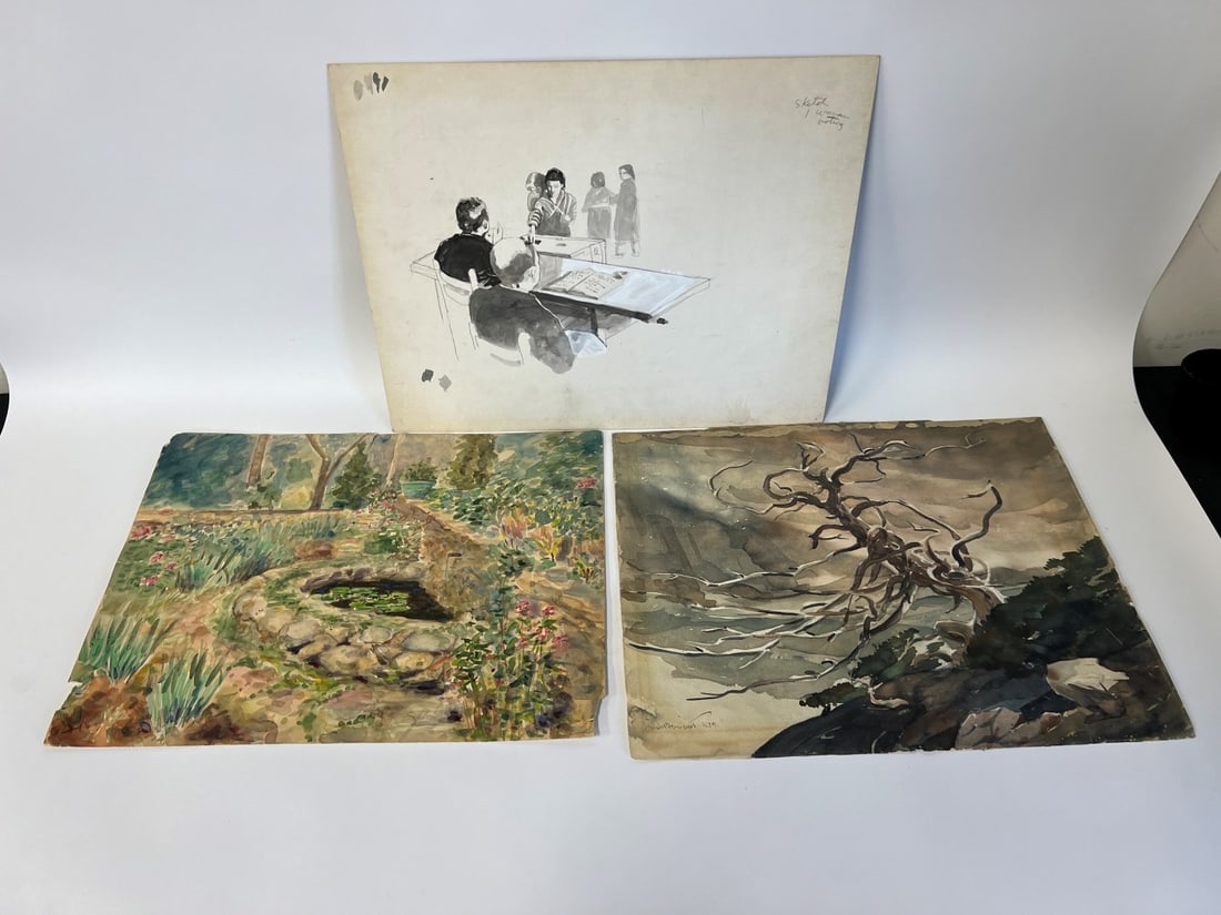 1925 Watercolor, A Second & a Drawing (3): 1925 Watercolor signed as pictured and dated; a second watercolor and an illustrative drawing on board. Three in the lot. All unframed. 15 1/2" x 19" to 15" x 18". As pictured.