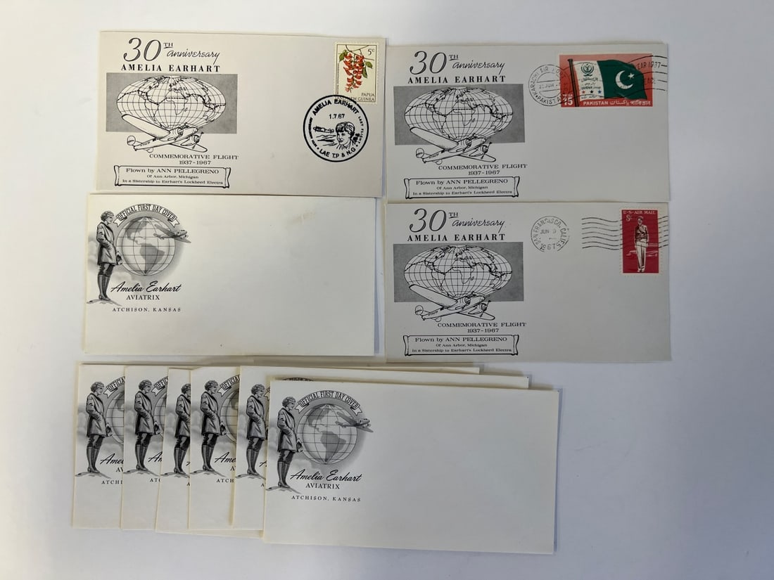 Amelia Earhart 30th Anniversary & First Day Envelopes (10): Included in the lot are 3 30th Anniversary Commemorative Flight Stamped and Canceled Enveloopes. Commemorative Flight flown by Ann Pelligrino of Ann Arbor, Michigan in a sistership to Earhart's Lockhe