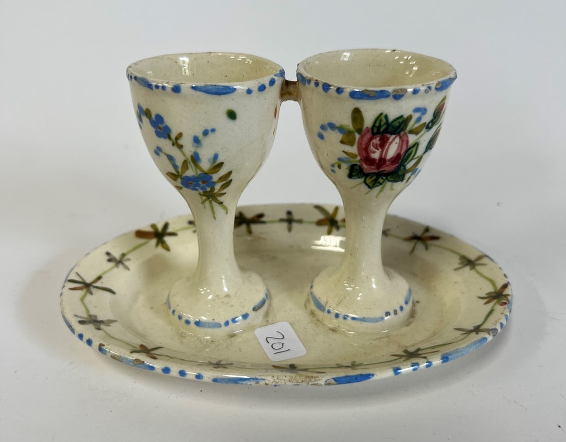 Unusual Italian Pottery Double Egg Cup: Floral decorated. Marked Italy at the underside