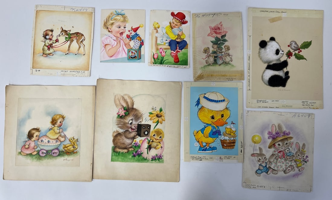 Norcross Greeting Card Illustrations Martignette Collection (9): Original illustrations for the Norcross Greeting Card Co. , most with Norcross Stamps at the backside and some with Charles Martignette stamps at the backside. Some artist signed M. Cooper, Stephanie 