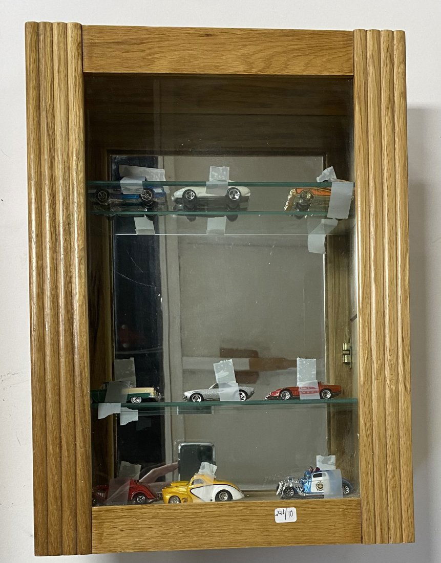 Oak Display Case with Glass Shelving. & Die Cast Cast Cars (1 of 2)