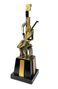 20thC. Cubist Gilt Mixed Metal Sculpture - The Cellist: Gilt mixed metal Cubist sculpture. The Cellist. Painted and gilt wood base; 28in.H. x 8in.W. x 8in.D.(40in.H. w/base)