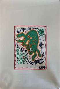 Keith Haring Drawing Signed: Signed lower right KH and with Haring device 16.5" x 11"