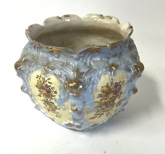 Victorian Hand Painted Porcelain Planter: Hand painted and parcel gilt porcelain planter. Marked at underside; 8in.H. x 10in.W.