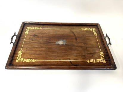 Antique Edwardian Inlaid Mahogany Serving Tray: Inlaid mahogany serving tray. Fancy brass inlay. Silvered center medallion and handles; 18in. x 28in.