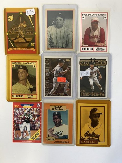Sports Cards Inc. Ruth, Ripken, Paige, Namath & Maris (9): Included in the lot are Ruth (2); Ripkin (2); Paige, Namath and Maris. Nine in the lot.