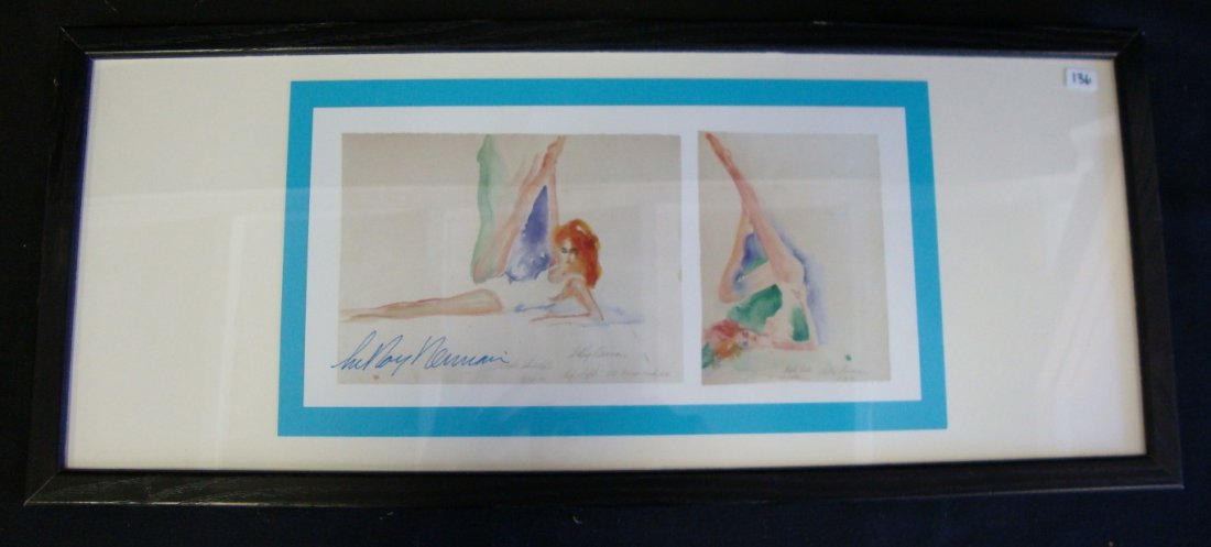 LeRoy Neiman Signed Prints of Brooke Shields: Two prints of an exercising Brooke Shields signed by LeRoy Neiman in blue ink. Framed. 5-1/2" x 11"
