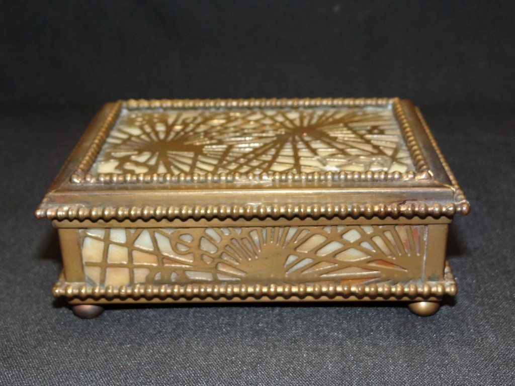 Tiffany Studios NY Bronze & Glass Box: Tiffany Studios NY dore bronze and slag glass box. Signed Tiffany Studios NY and numbered indiscernibly. 4 1/4" x 3 1/4"