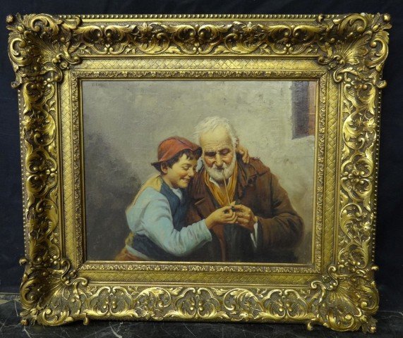 Gustavo Pisani; Italian oil painting signed: Oil on canvas mounted on masonite, Lighting Grandfather's Pipe signed u.l. , 12" x 15"