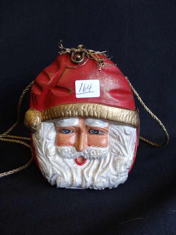 Timmy Woods 1980 Santa Purse: Collectible 1980's Timmy Woods Beverly Hills Collection carved wooden Santa Claus face purse. With original Timmy Woods Beverly Hills label at the silky inside. Shoulder strap for across the body wear
