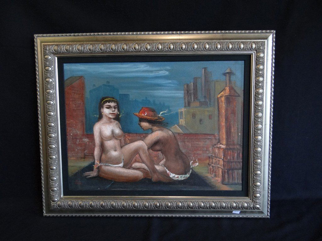 Albert Pels Painting Signed: Albert Pels Sun Worshipers on Tar Beach, NYC titled on verso. Oil on board signed Pels in two places, on the right and on the left. 17"H. x 24"W (work itself) 24"H. x 29 1/2"W.