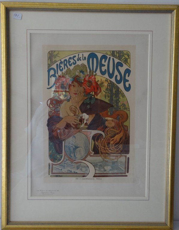 Les Maitres de l'Affiche: Plate 182 Alphonse Mucha Poster for The Beers of the Meuse 1898 Paris Champenois 1895 15 1/4' x 10 1/4" Gallery framed.